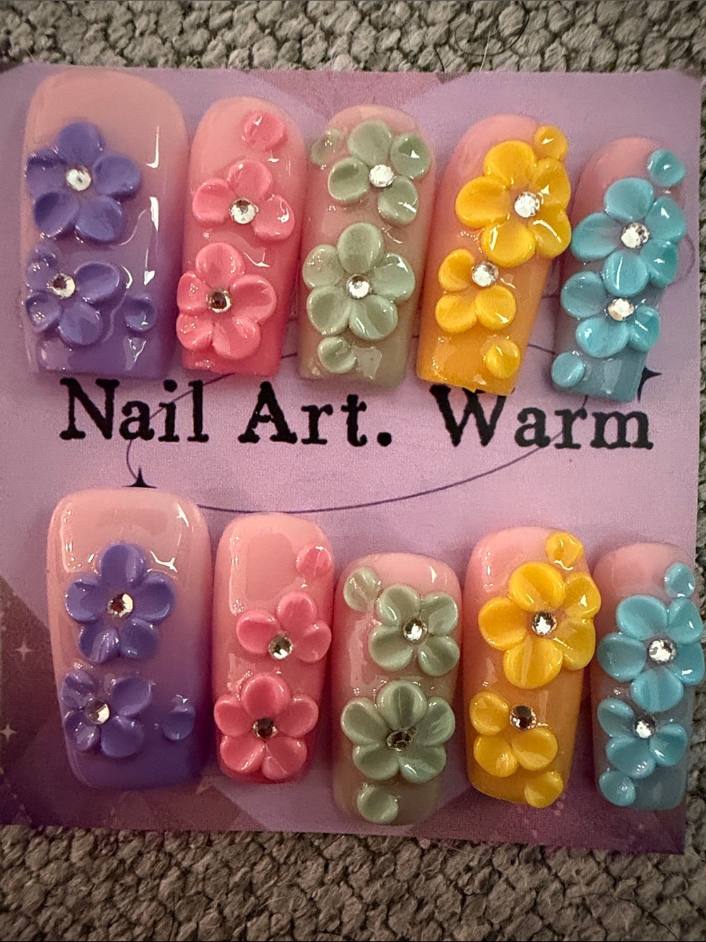 3D Floral Press-On Nails - Pastel Multicolor Set